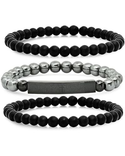 Anthony Jacobs 3-piece Hematite & Black Ip Stainless Steel Beaded Bracelet Set