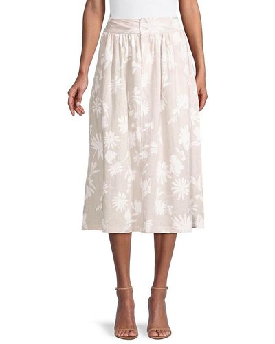 ROSSO35 Floral Gathered Linen Midi-skirt - Natural