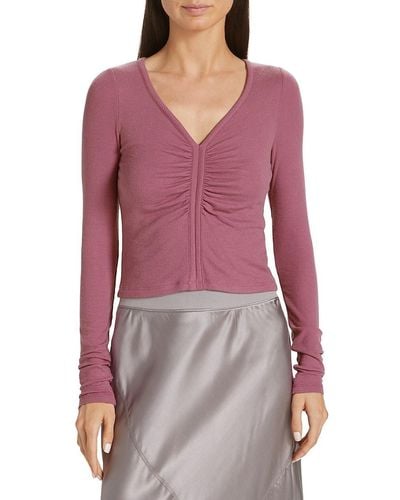 ATM Modal Ribbed Ruched V Neck Top - Purple