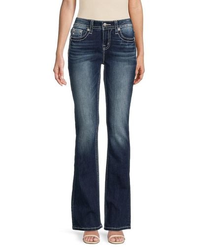 Miss Me Feather Embroidered Whiskered Jeans - Blue