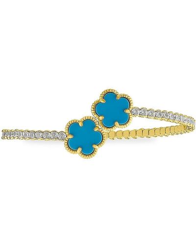 CZ by Kenneth Jay Lane Look Of Real 14k Goldplated, Faux Turquoise & Cubic Zirconia Clover Bracelet - Blue