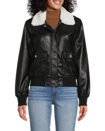 Calvin Klein Faux Fur Trim & Faux Leather Jacket - Brown