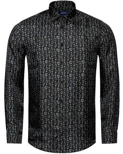 Eton Slim Fit Geometric Pattern Silk Shirt - Black