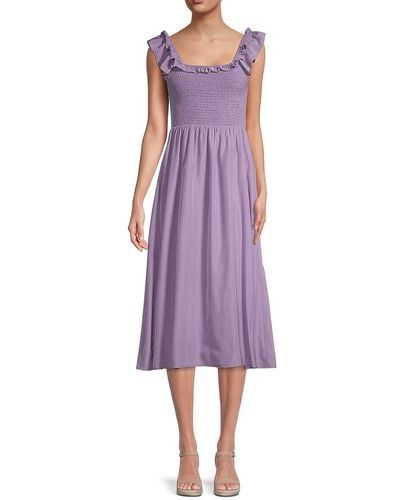 7021 Solid-hued Smocked Dress - Purple