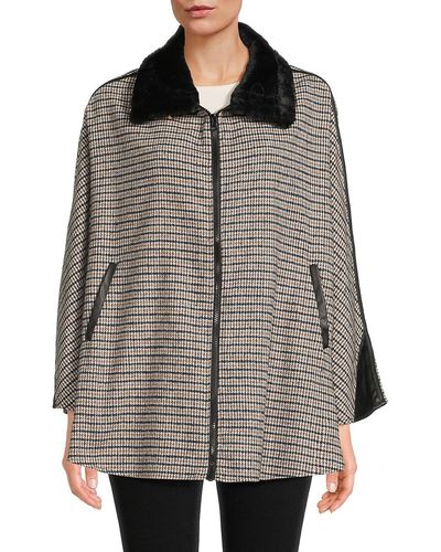 Vince Camuto Houndstooth Faux Fur Trim Jacket - Gray