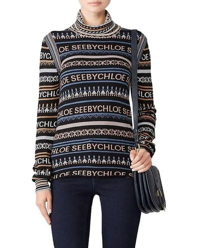 See By Chloé Logo Wool Blend Turtleneck Sweater - Blue