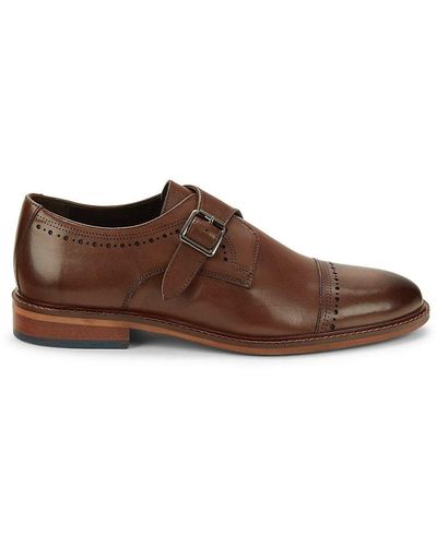 Steve Madden Brogue Leather Monk Strap Shoes - Brown
