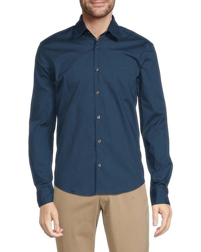 HUGO Ermo Casual Slim Fit Button Down Shirt - Blue