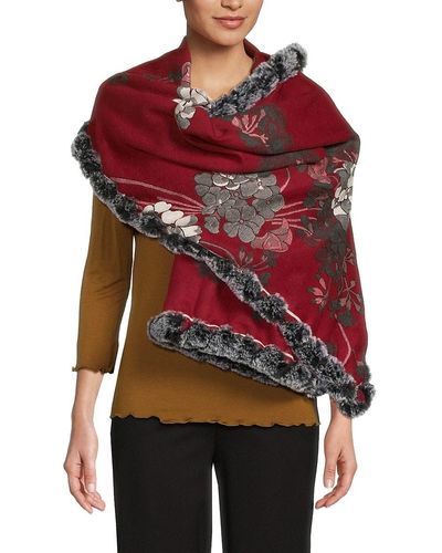 Saachi Faux Fur Trim Reversible Scarf - Red