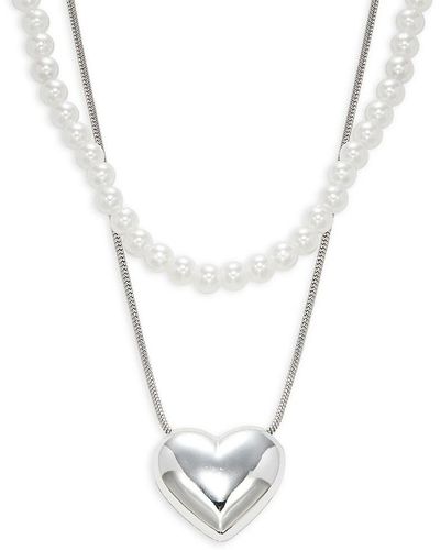 Luv Aj Silvertone & 2mm Freshwater Pearl Layered Heart Necklace - White