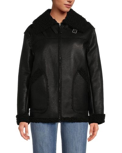 Max Studio Faux Fur Lined Faux Leather Jacket - Black