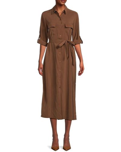 Max Studio Tab Cuff Belted Midi Shirt Dress - Brown