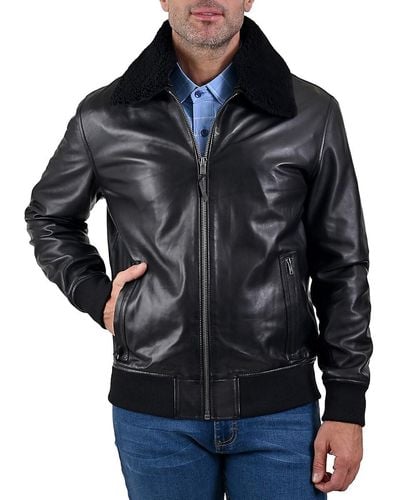 Frye Regular Fit Leather Bomber Jacket - Blue