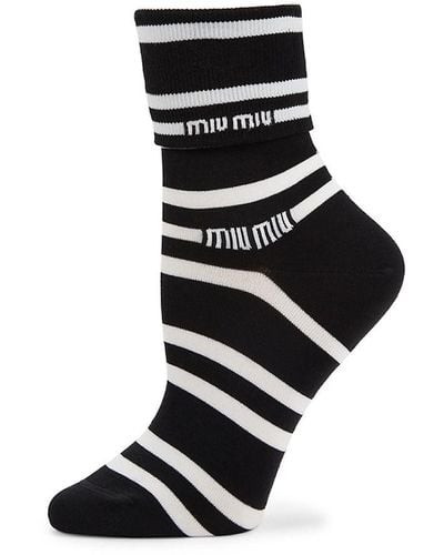 Miu Miu Folded Cuff Stripe Crew Socks - Black