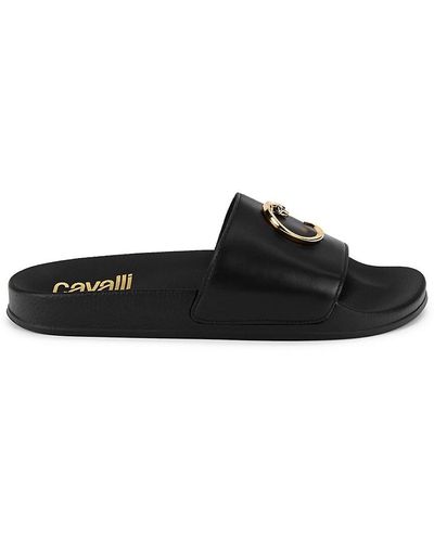 Class Roberto Cavalli Logo Leather Slides - Black