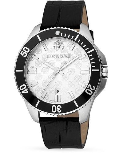 Roberto Cavalli 44mm Stainless Steel & Leather Strap Watch - Black