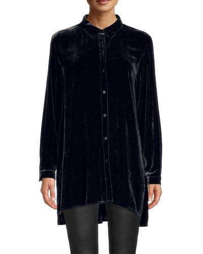 Eileen Fisher Long Velvet Button Front Shirt - Black