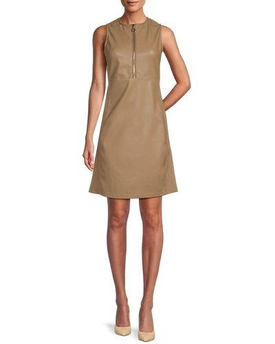 Ellen Tracy Faux Leather Zip Sheath Dress - Natural