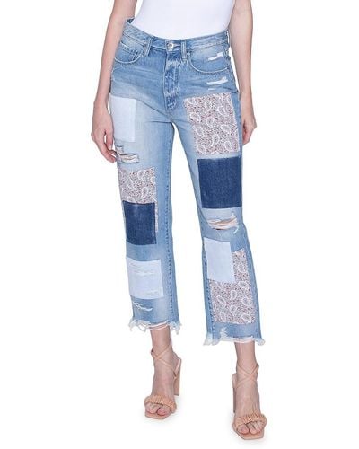 Blue Revival Paisley Patchwork Distressed Straight Jeans - Blue