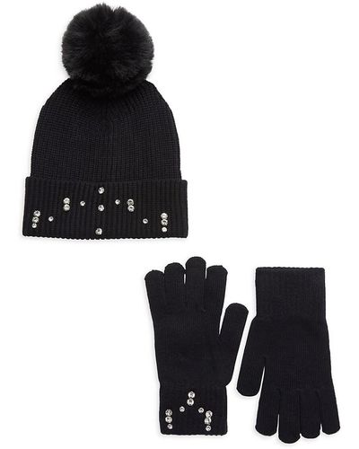 Saks Fifth Avenue 2-Piece Faux Fur Embellished Beanie & Gloves Set - Black