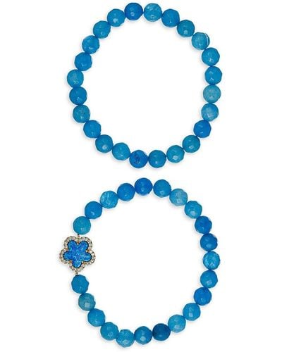 Eye Candy LA Luxe Fleur 2-piece Agate & Cubic Zirconia Beaded Bracelet Set - Blue