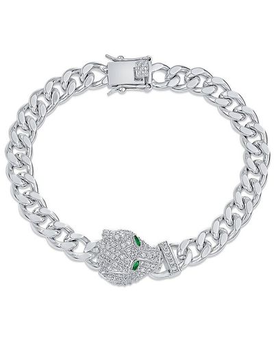 CZ by Kenneth Jay Lane Look Of Real Rhodium Plated Cubic Zirconia Panther Head Chain Bracelet - Metallic
