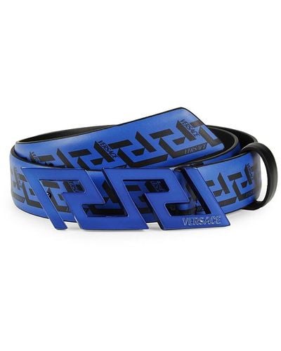 Versace Greca Plaque Buckle Leather Belt - Blue