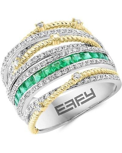 Effy 14k Two Tone Gold, Diamond & Emerald Split Shank Ring - White