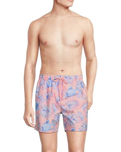 Vintage Summer Tropical Print Swim Shorts - Blue