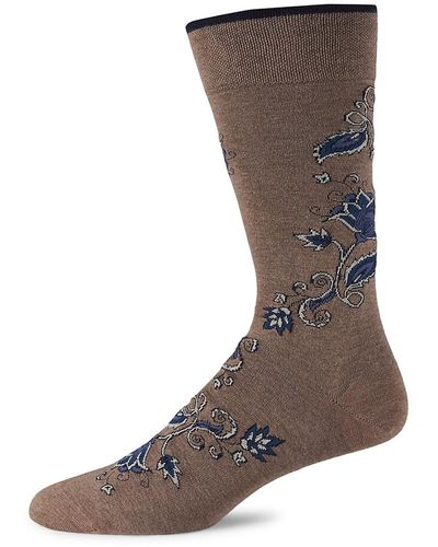 Marcoliani Oriental Floral Piqué Knit Crew Socks - Brown