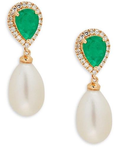 Effy 14K, 7Mm Freshwater Pearl, & Diamond Drop Earrings - Green