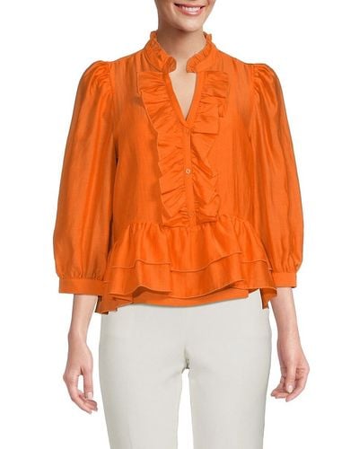 Karl Lagerfeld Puff Sleeve Ruffle Blouse - Orange