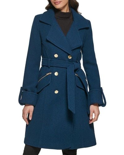 Guess Double Breasted Belted Wool Blend Coat - Blue