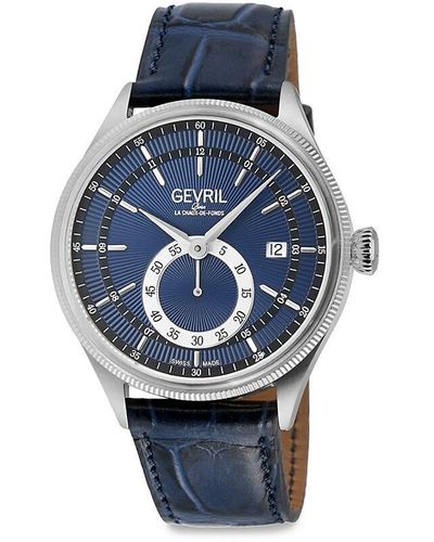 Gevril Empire 40Mm Stainless Steel & Leather Strap Watch - Blue
