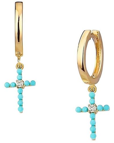 Gabi Rielle Love In Bloom 14k Gold Vermeil Sterling , Turquoise & Crystal Cross Drop Earrings - Blue