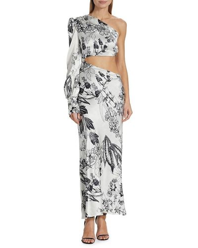 Adriana Iglesias Matiz Asymmetric Floral Stretch Silk Cutout Maxi Dress - White