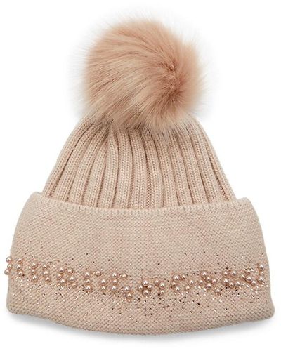 Adrienne Landau Embellished Faux Fur Pom Pom Beanie - Natural