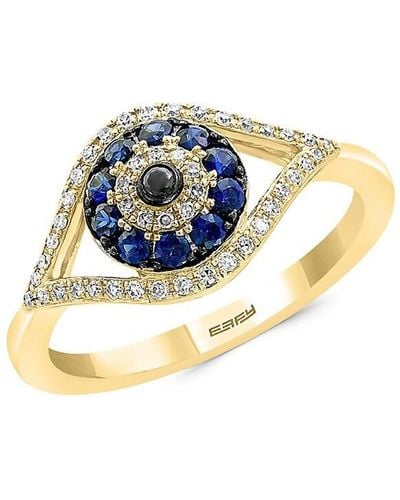 Effy 14k Yellow Gold, Natural Sapphire, Diamond & Black Diamond Ring/size 7 - Blue