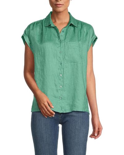 Saks Fifth Avenue 100% Linen Cap Sleeve Shirt - Green