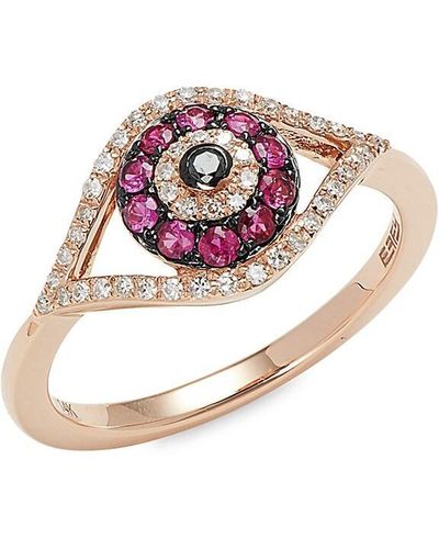 Effy 14k Rose Gold, Ruby, White Diamond & Black Diamond Evil Eye Ring/size 7