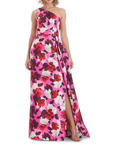 THEIA Floral One-shoulder A-line Side Slit Gown - Pink