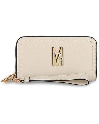 Moschino Logo Leather Zip Around Wallet - Natural