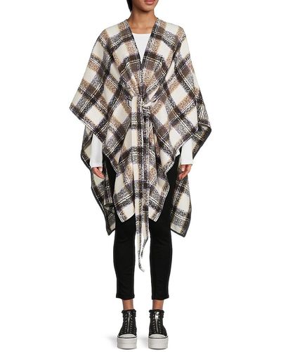 Central Park West Plaid Wool Blend Belted Poncho - Multicolor