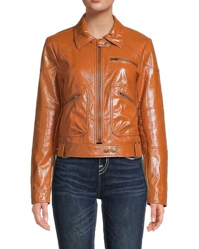 Free People Josie Vegan Leather Zip Up Jacket - Orange