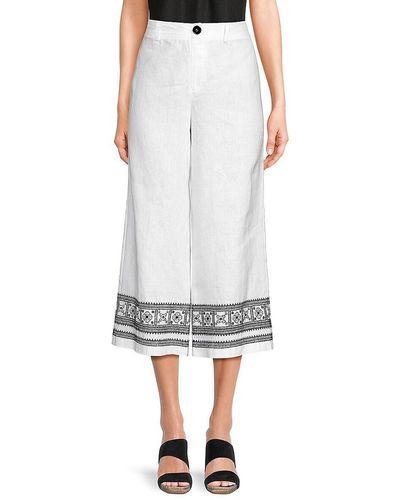 Saks Fifth Avenue Embroidered 100% Linen Cropped Trousers - White