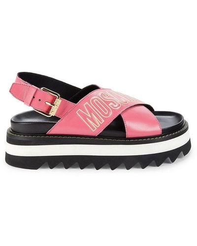 Moschino ! Logo Leather Crisscross Platform Sandals - Pink