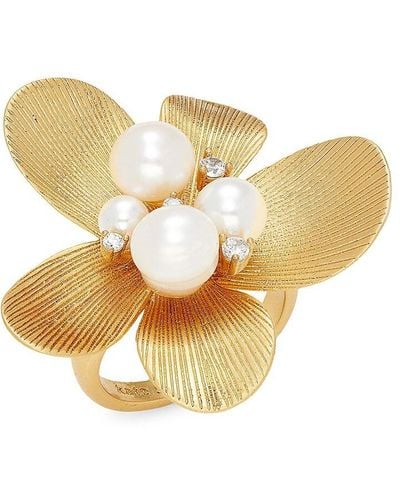 Kate Spade Goldtone, 3mm & 5mm Round Freshwater Pearl, Glass Pearl, Cubic Zirconia & Enamel Floral Ring - Natural