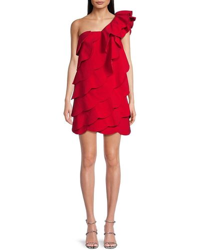 Valentino Scalloped Ruffle One Shoulder Mini Dress - Red