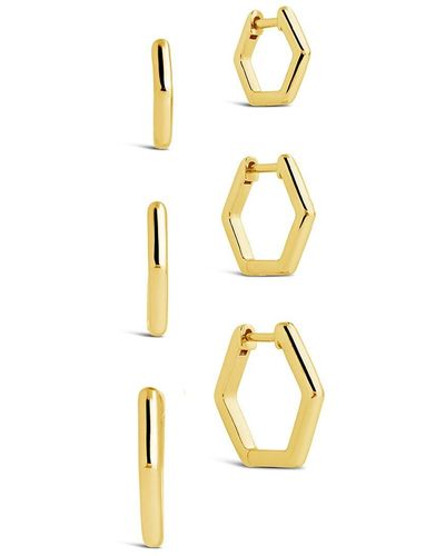 Sterling Forever Lily 3-pair 14k Rhodium Plated Geometric Hoop Earring Set - Metallic