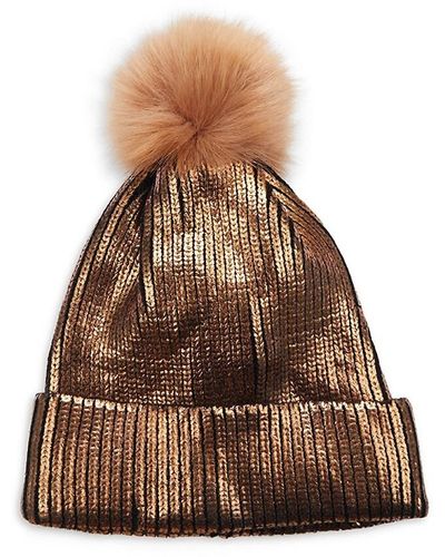 Adrienne Landau Faux Fur Pom Pom Metallic Beanie - Brown